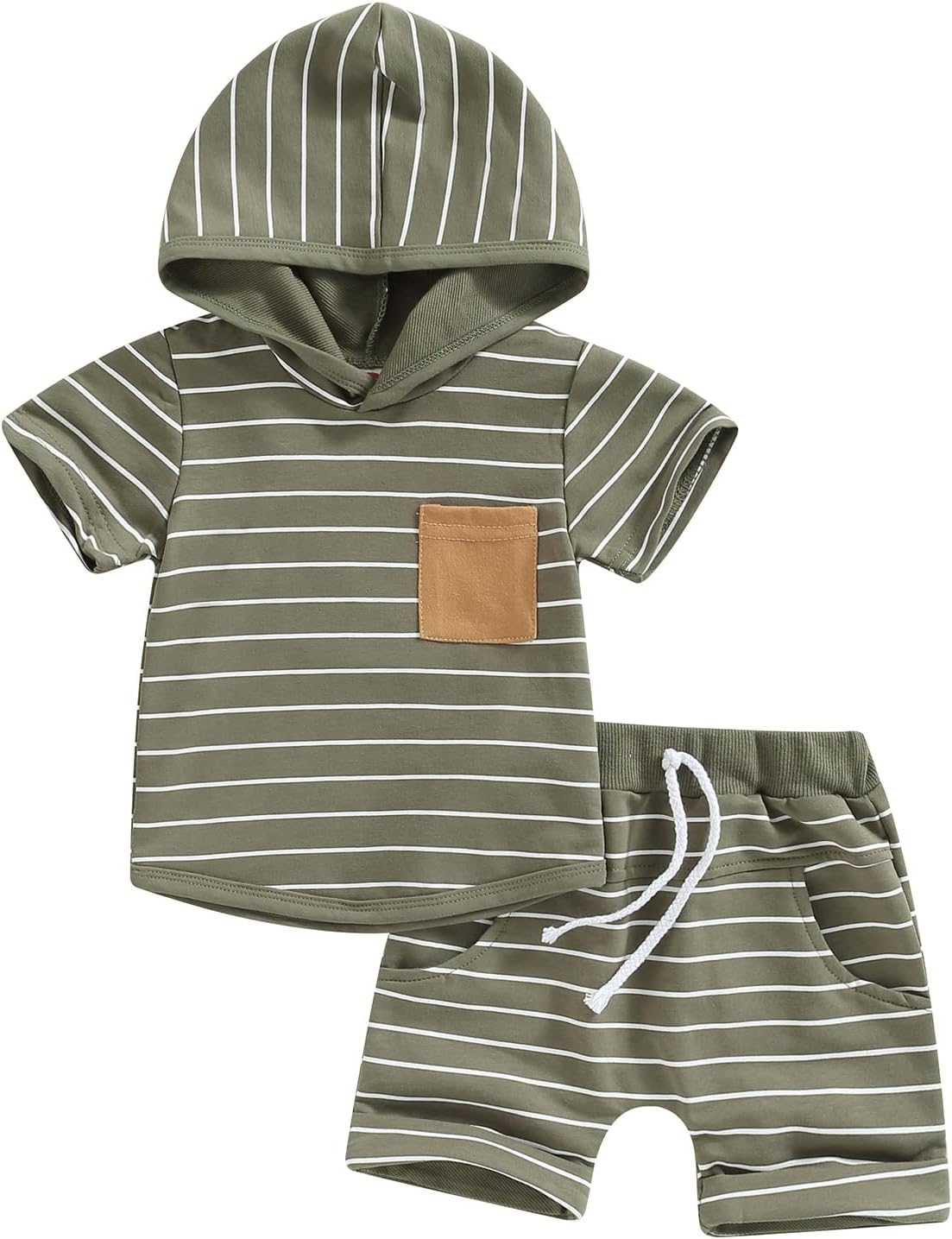 Toddler Baby Boy Summer Hooded Outfit Contrast Color Short Sleeve T Shirt Top Elastic Shorts Summer