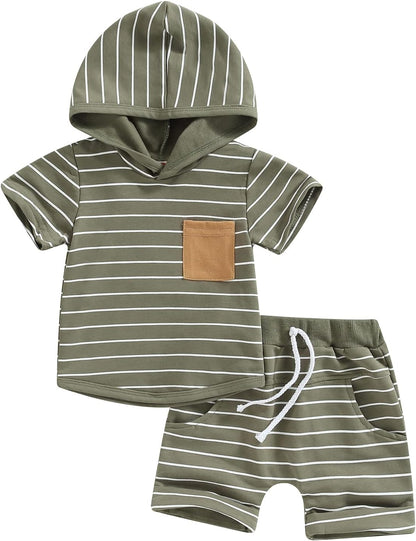 Toddler Baby Boy Summer Hooded Outfit Contrast Color Short Sleeve T Shirt Top Elastic Shorts Summer