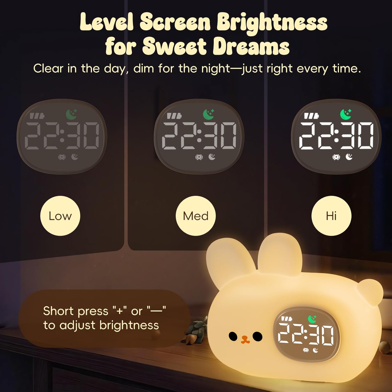 Bunny Alarm Clock with Night Light for Kids with Sleep Training and Sound Machine, Rechargeable