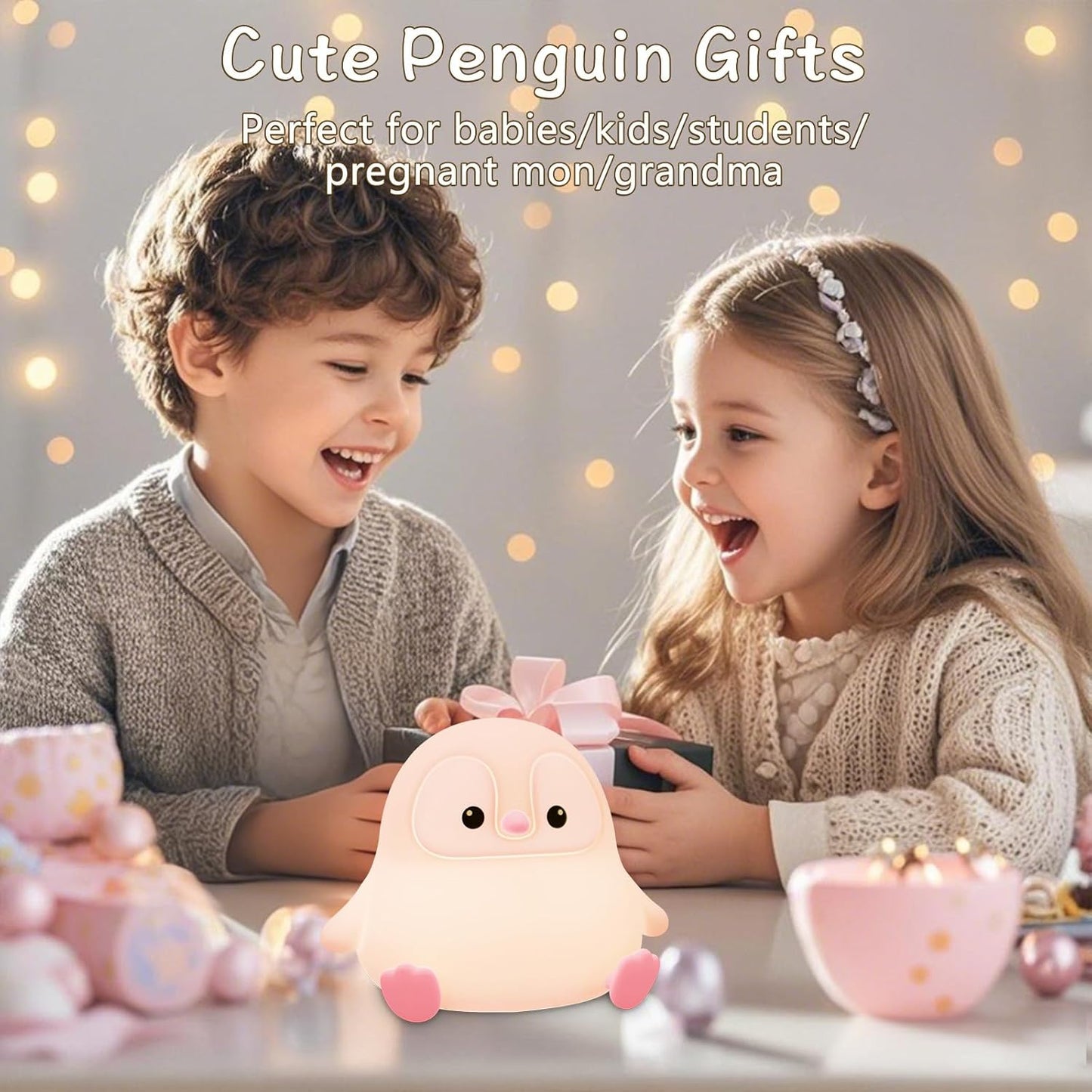 Penguin Night Light for Kids,Cute Pink Penguin Touch Lamp,Soft Silicone Nursery Nightlight,LED