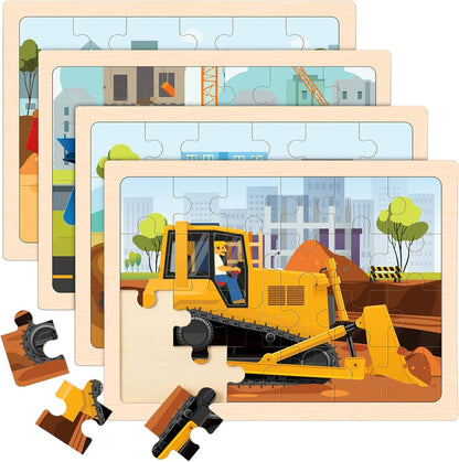 Wooden Puzzles for Kids Ages 4-6, 4 Packs 24 PCS Construction Vehicle Jigsaw Puzzles for Kids Ages