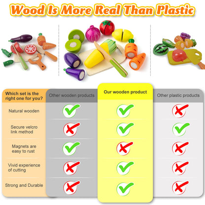 Sundaymot Play Kitchen Accessories, Wooden Play Food, Cooking Set with Stainless Steel Cookware