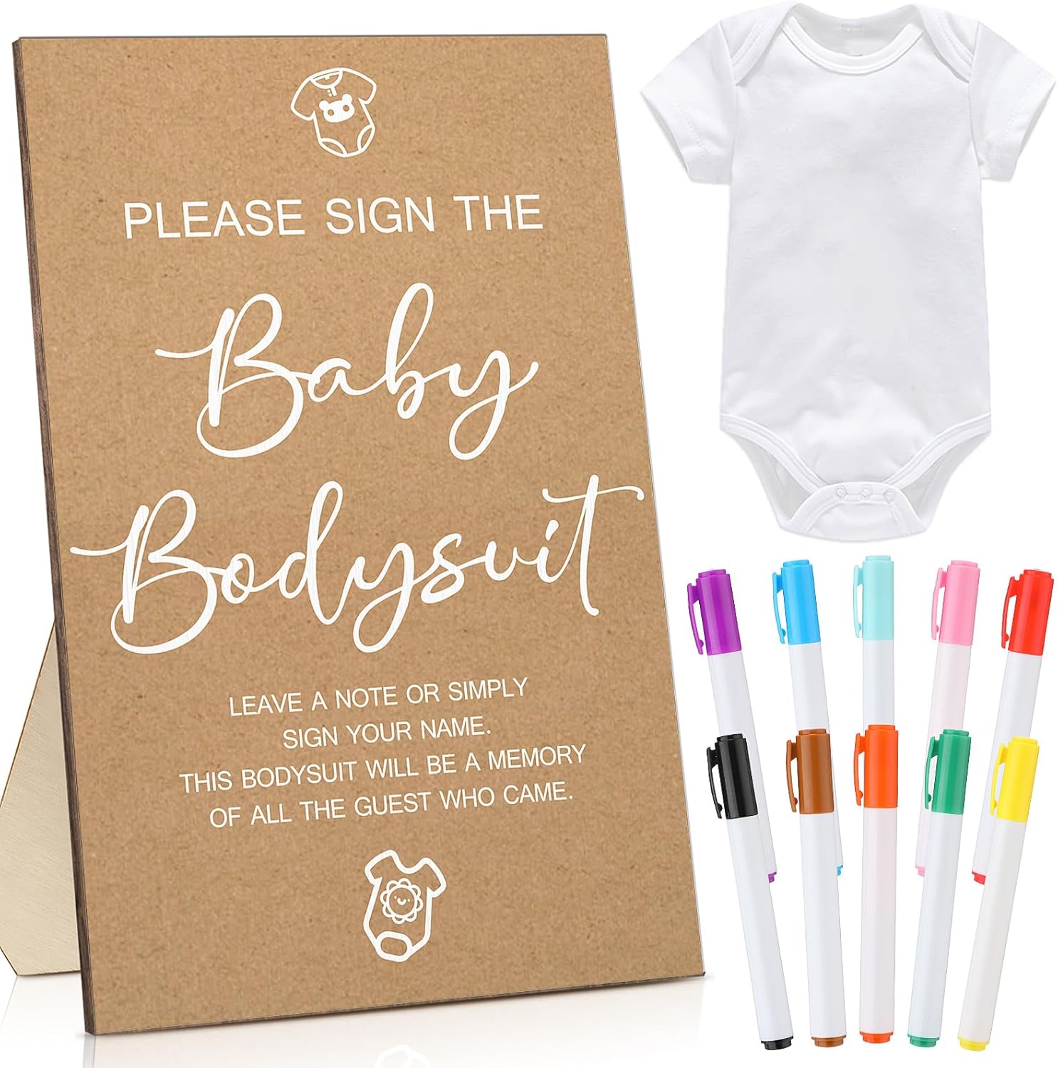 Qunclay 12 Pcs Baby Bodysuit Baby Shower Game Include 1 Game Wooden Sign Tabletop Decor 1 White