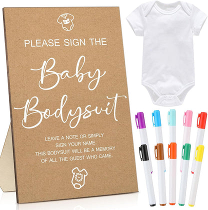 Qunclay 12 Pcs Baby Bodysuit Baby Shower Game Include 1 Game Wooden Sign Tabletop Decor 1 White