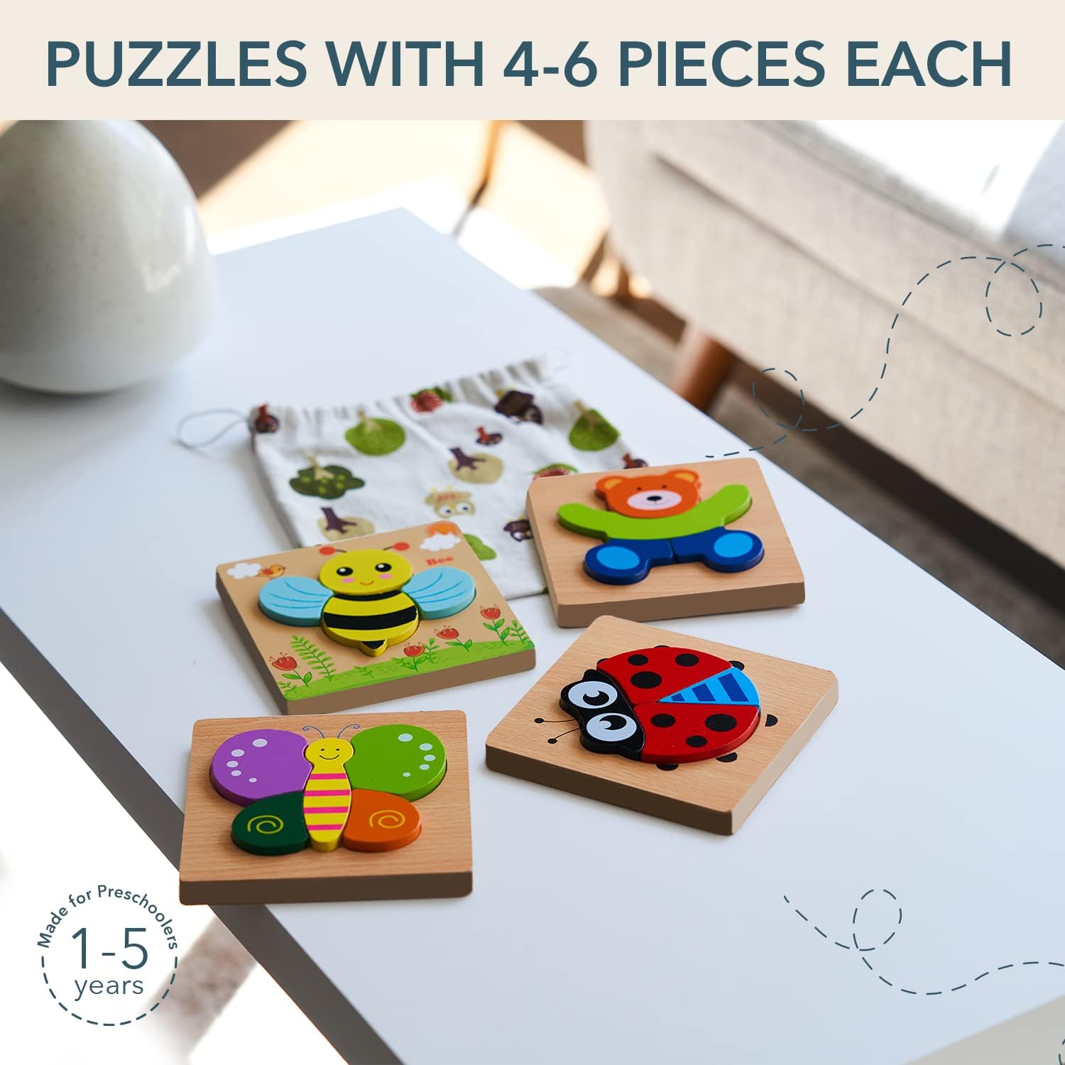 MAGIFIRE Toddler Wooden Puzzle Set - 4-Pack 5.7 x 5.7 Inch Multicolor Wood - Chunky Pieces for
