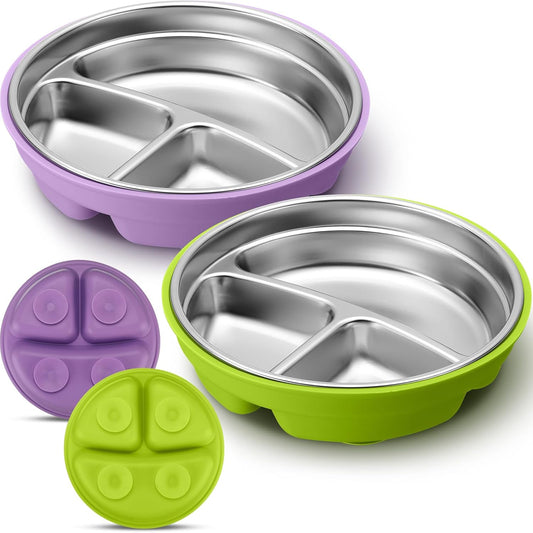 Nuogo 2 Pcs Stainless Steel Baby Suction Plates with Removable Silicone Shell 2-in-1 Metal Toddler