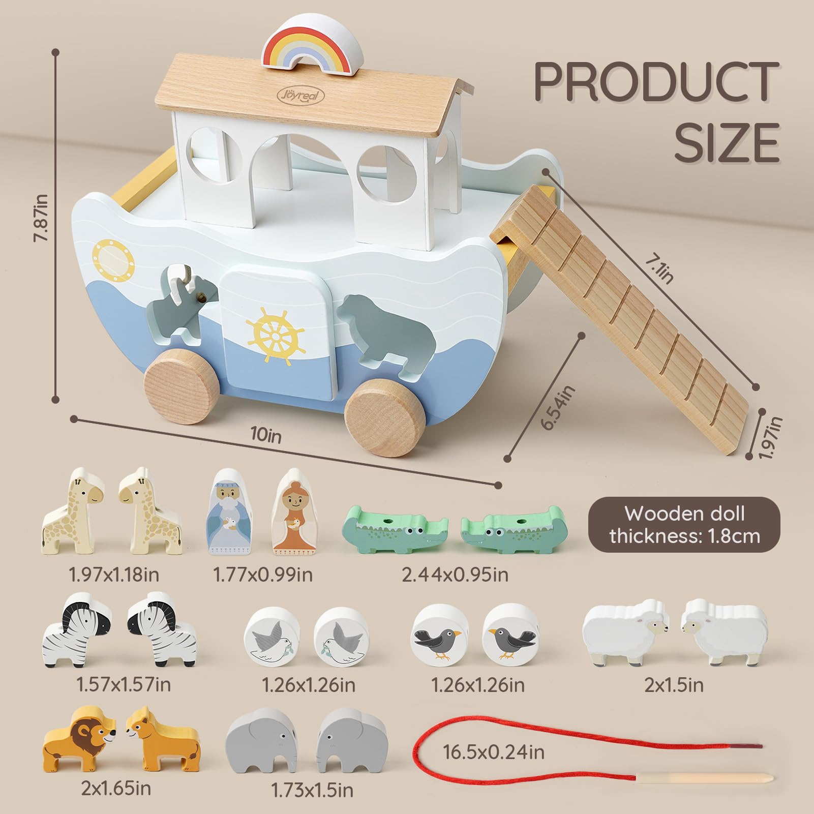 Joyreal Wooden Noah's Ark Toy for 1 Year Old Baby Boy and Girl Baptism Gift