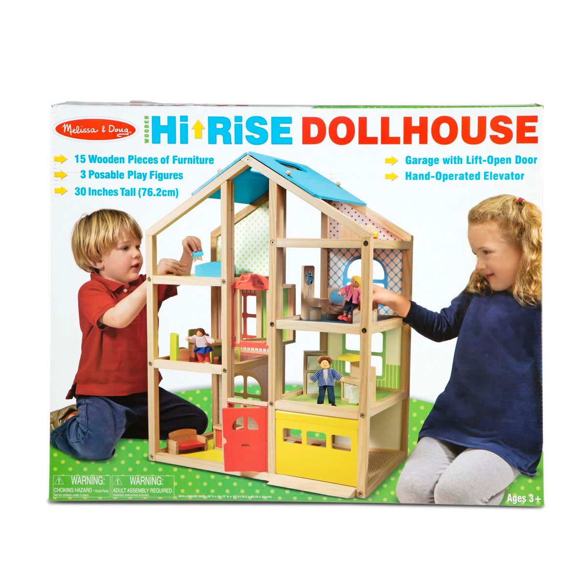 Melissa & Doug Wooden Hi-Rise Dollhouse with 15 Furniture Pieces, Garage, Working Elevator