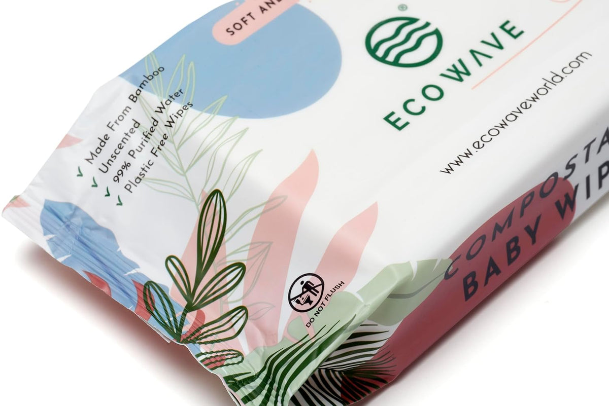 Eco Wave Baby Wipes, 100% Compostable Eco-Friendly Bamboo Wipes, Unscented, Hypoallergenic, Vegan