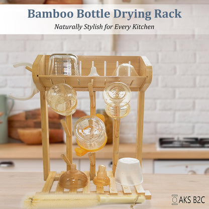 AKS B2C Bamboo Baby Bottle Drying Rack, Vertical Space Saving Kitchen Organizer, 9 Bottle Capacity