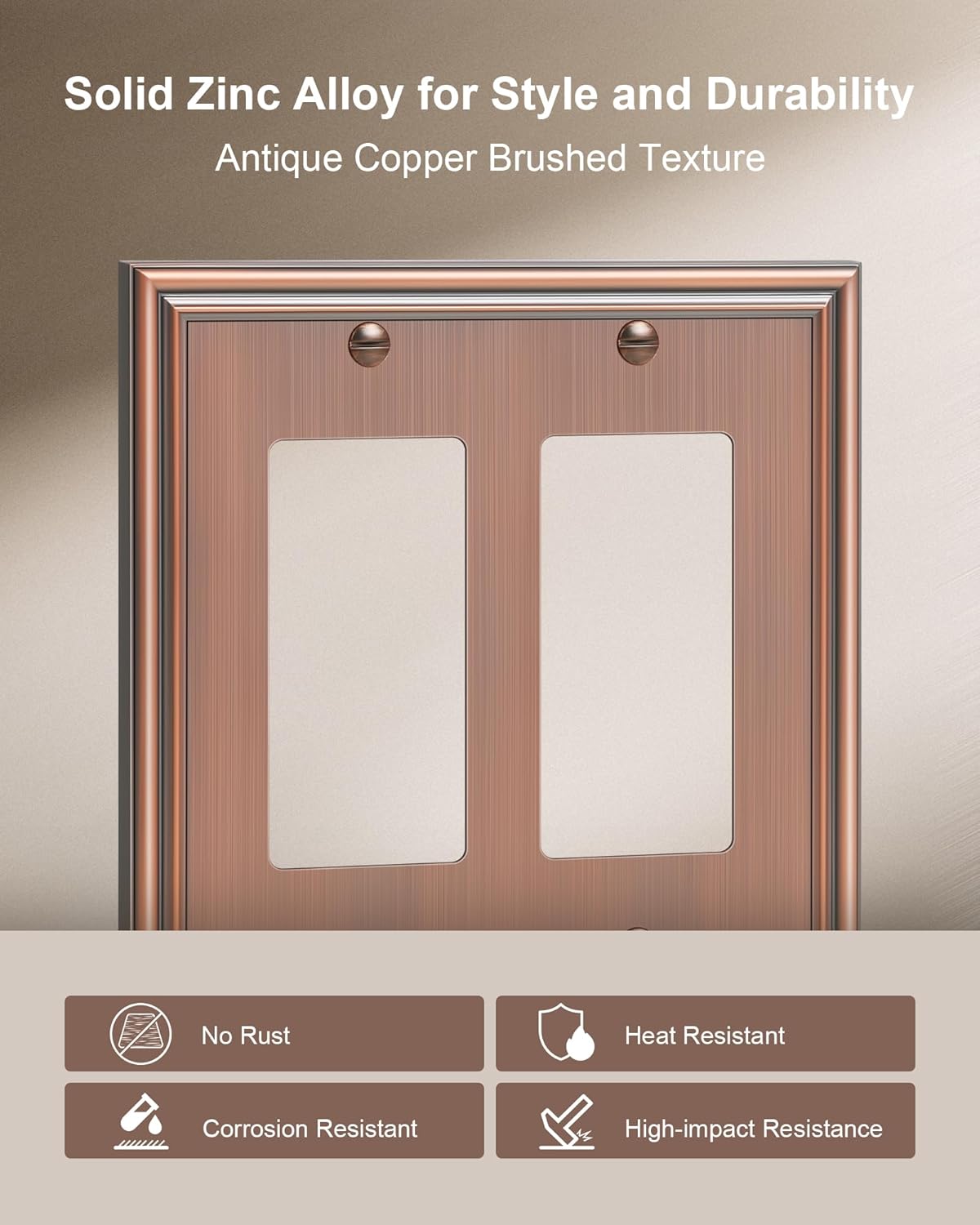 2-Pack Decorative Double Decorator Outlet Cover Plate, Durable Zinc Alloy Antique Copper Wall