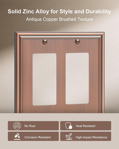 2-Pack Decorative Double Decorator Outlet Cover Plate, Durable Zinc Alloy Antique Copper Wall
