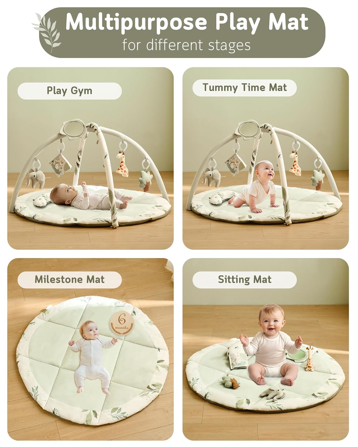 Fortella Baby Play Gym & Activity Mat, Tummy Time Mat w 5 Detachable Toys and Pillow, Large Sensory