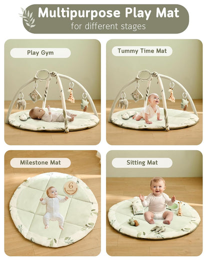 Fortella Baby Play Gym & Activity Mat, Tummy Time Mat w 5 Detachable Toys and Pillow, Large Sensory