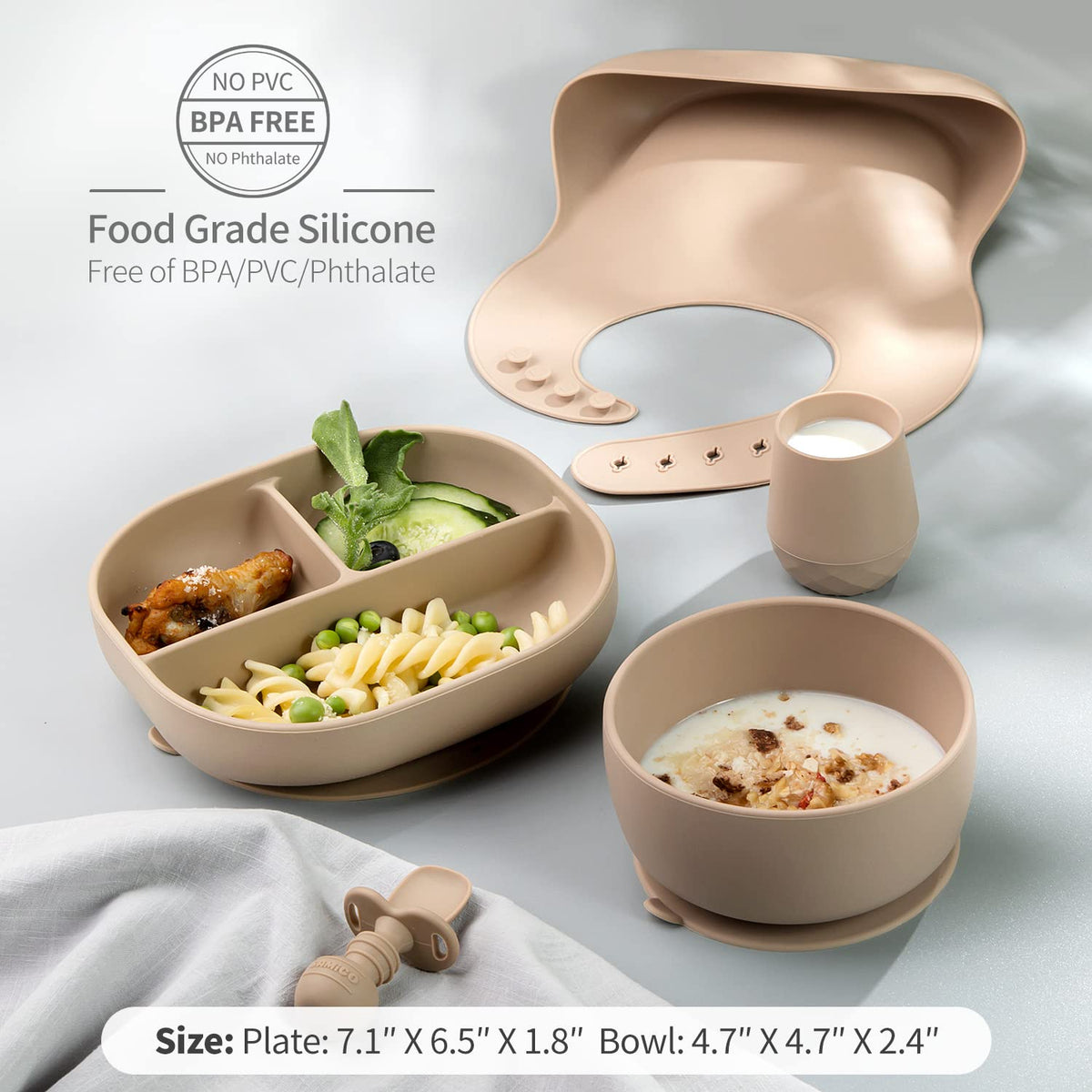 SAMiGO Silicone Baby Feeding Set, Baby Led Weaning Supplies, Suction Bowl Plate Bib Cup Self