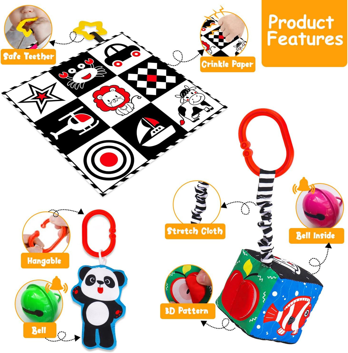 4 PCS Black and White High Contrast Baby Toys 0-3-6 Months Newborn Essential Montessori Toy for