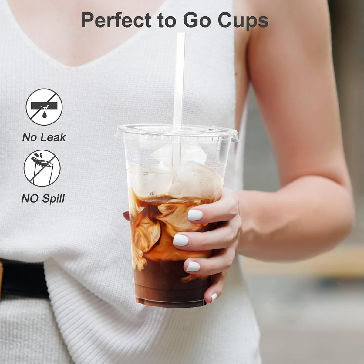 100 Pack - 24 oz Clear Plastic Cups with Lids and Straws, Sturdy & Food Safe Iced Coffee Cups with