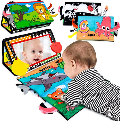 Baby Toys 0-6 Months - Tummy Time Toy Baby Mirror Infant Toys with Cloth Book - Black and White