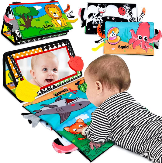Baby Toys 0-6 Months - Tummy Time Toy Baby Mirror Infant Toys with Cloth Book - Black and White