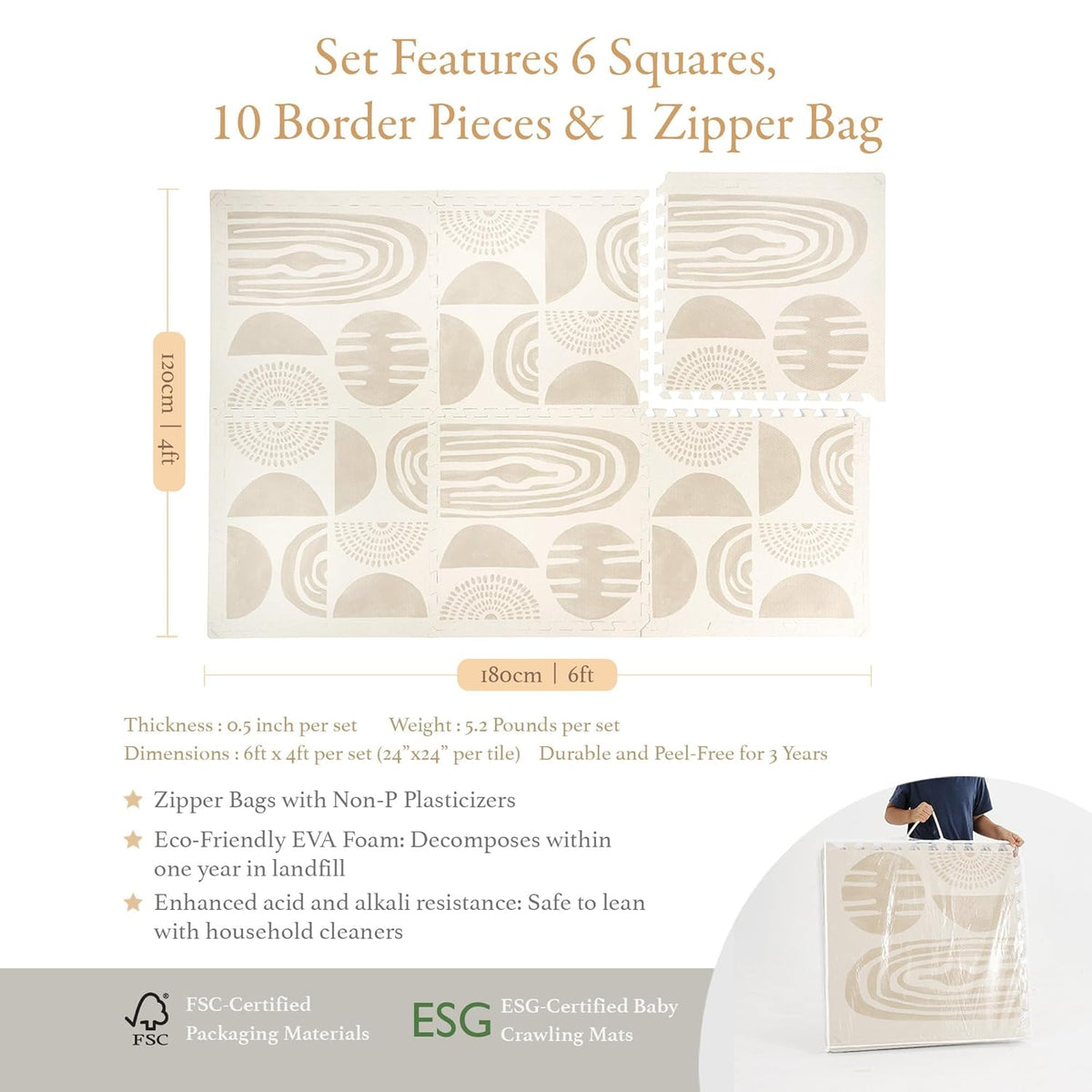 Premium Exercise & Baby Foam Play Mats - Stylish & Large Non-Toxic Odorless Floor Mat - 6 Tiles