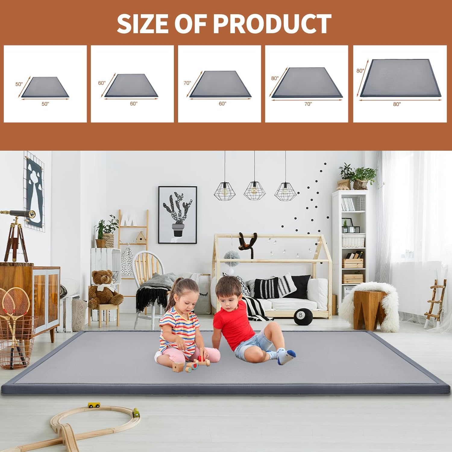 Baby Play Mat for Floor - 1.4" Thick Memory Foam Rug, 60"x60" Playpen Tummy Time Mat, Soft Velvet