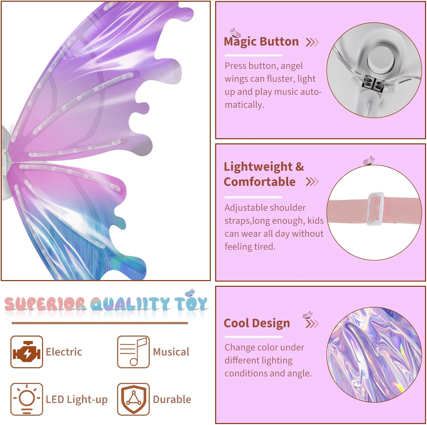 Electric Fairy Wings for Girls, Light Up Moving Butterfly Wings with LED Lights and Music, Toy for