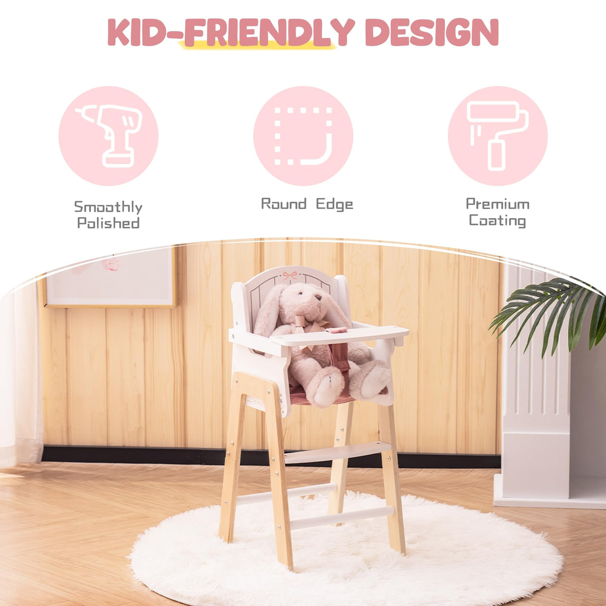 ROBOTIME Wooden Baby Doll High Chair for 18 Inch Dolls, Pink