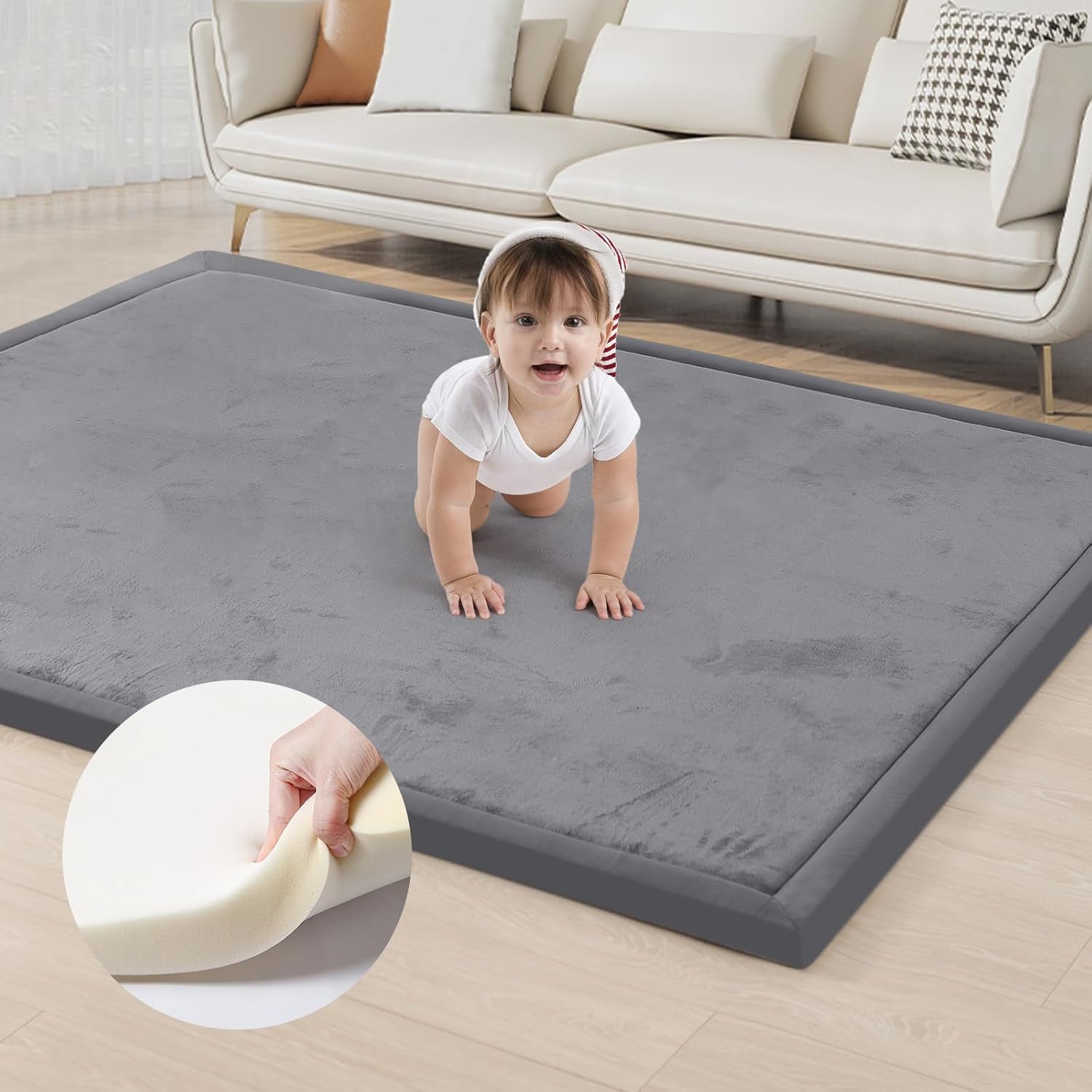 ACOMOPACK Baby Play Mat for Floor 1.3" Thick Memory Foam Play Mat 79"×118" Tummy Time Crawling with