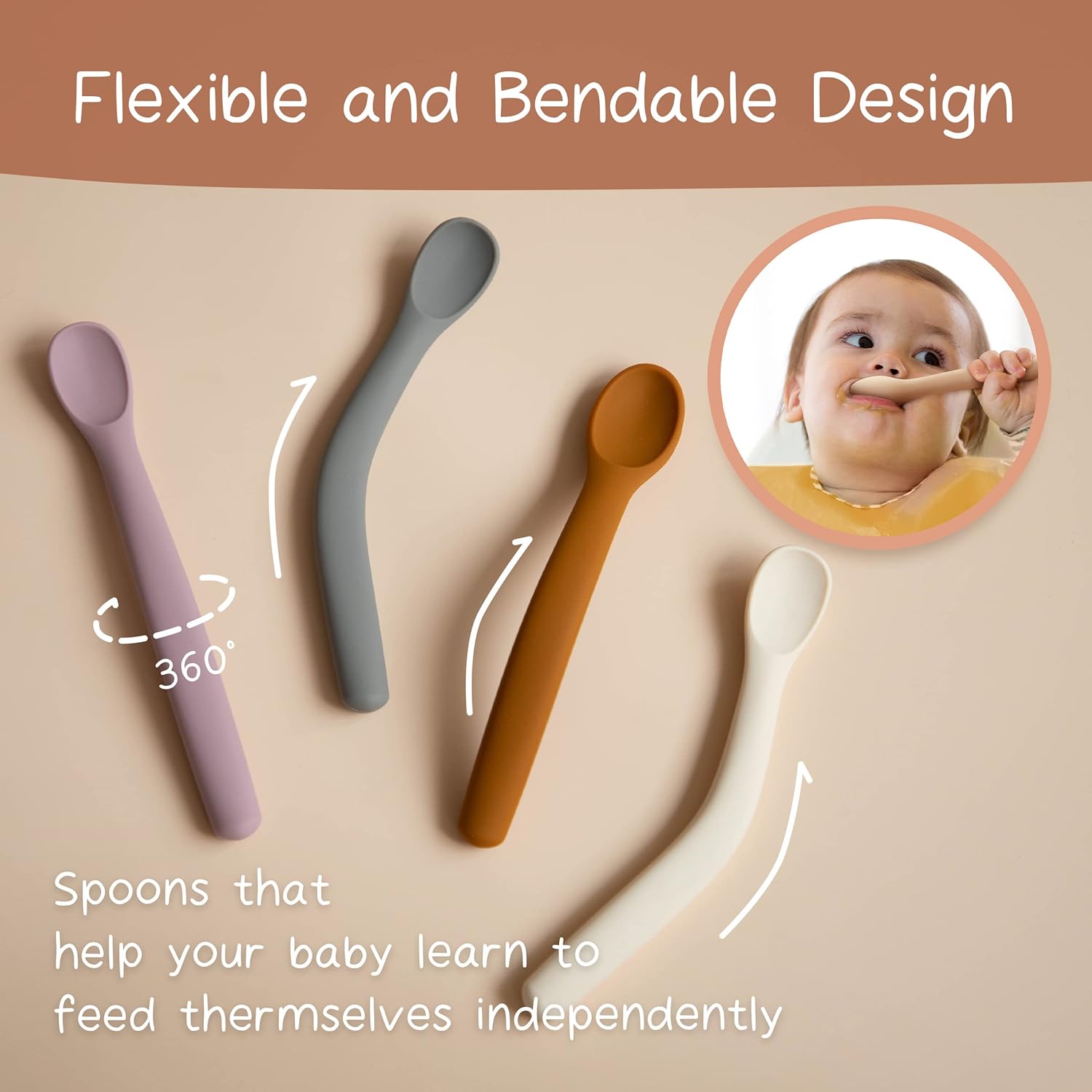 Moonkie Silicone Baby Spoons Set of 4, Two Sizes Feeding Spoon for First Stage 4+ Months, Baby