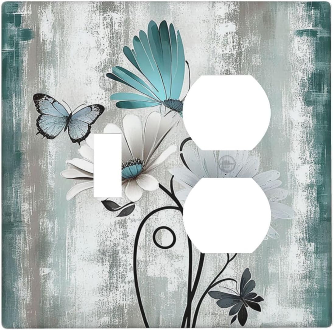 Wallplates Rustic Teal Daisy Floral Flowers Butterfly Wood Grain 1 Toggle 1 Duplex Switch Plate