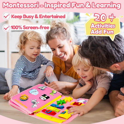 Qizfun Busy Board Book Montessori Toys for 1 2 3 4 Year Old, Girl Birthday Gifts, Educational
