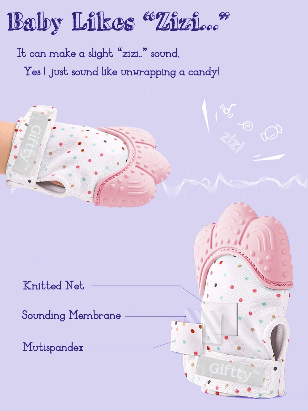 Giftty Baby Teething Mitten, Self-Soothing Teether Glove, Pain Relief Silicone Mitt, Double
