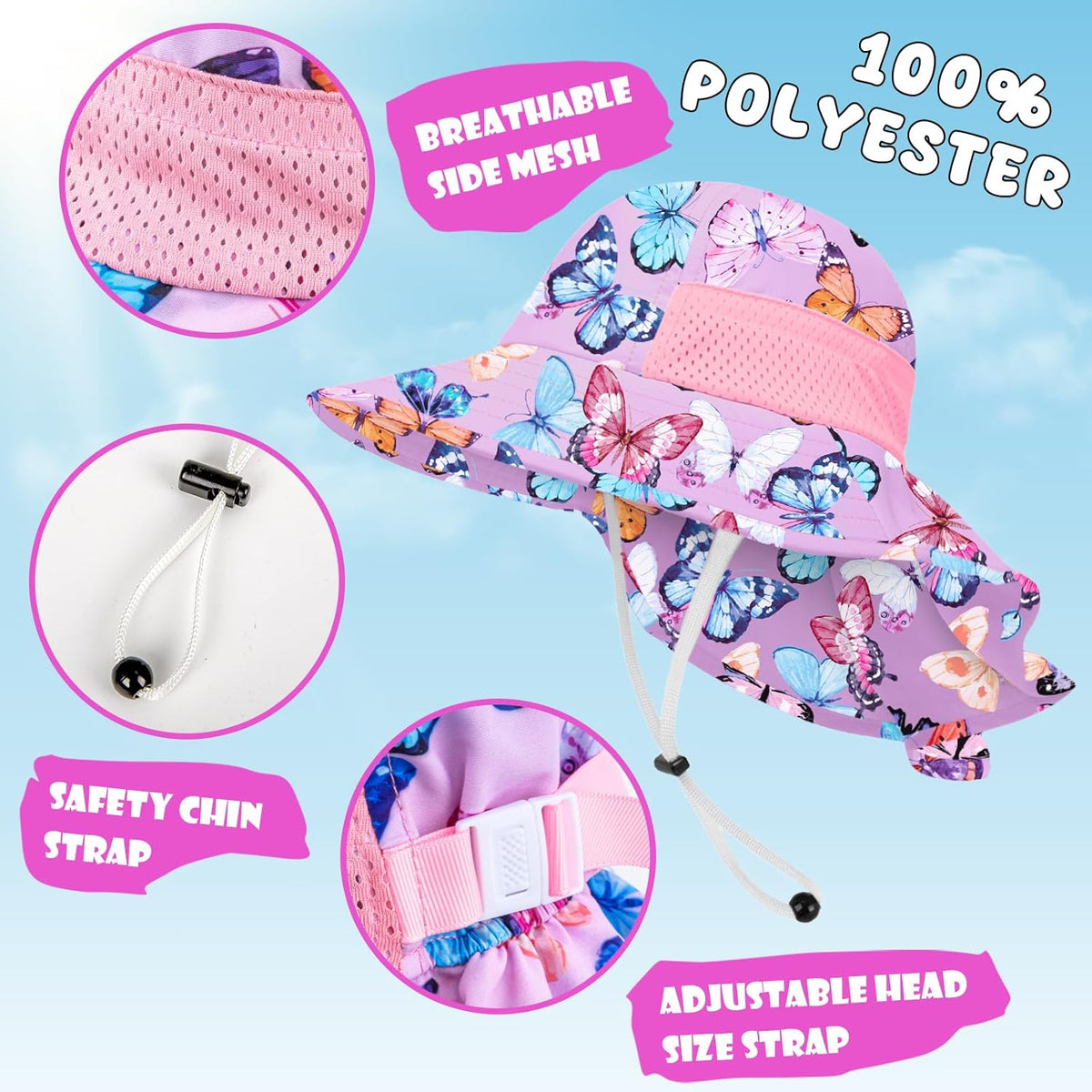 Toddler Baby Sun Hat Kids Summer UPF 50+ for Boys Girls Adjustable Beach Hats with Bucket Wide Brim