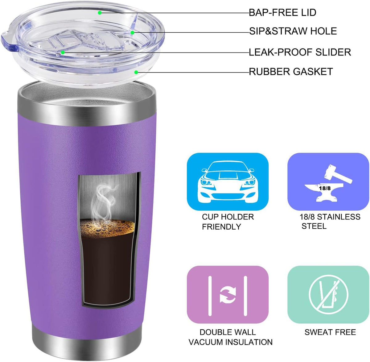 VEGOND 20oz Tumbler with Lid and Straw Stainless Steel Tumbler Cup Bulk Vacuum Insulated Double