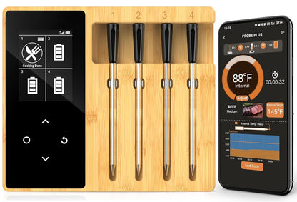 Accurate Smart Wireless Meat Thermometer - 4 Probes, Long Range Bluetooth, Real-time Alerts