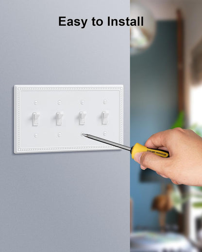 2-Pack Quad Toggle Light Switch Cover Plate, 4 Gang Metal Switch Plate Covers, Pure White Pearls