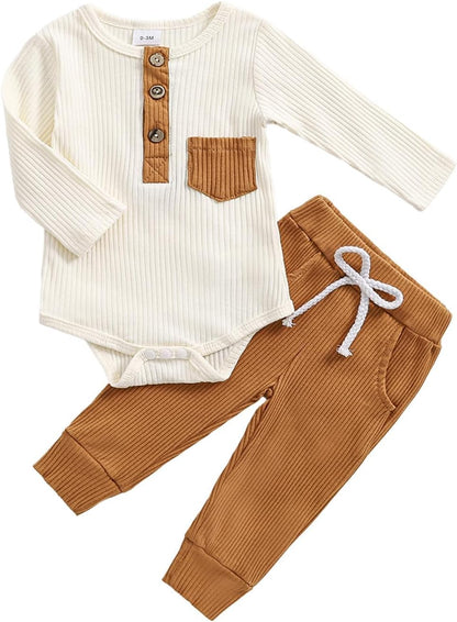 fhutpw Baby Boy Clothes 3 6 12 18 Months Ribbed Knitted Long Sleeve Romper and Pants Sets Newborn