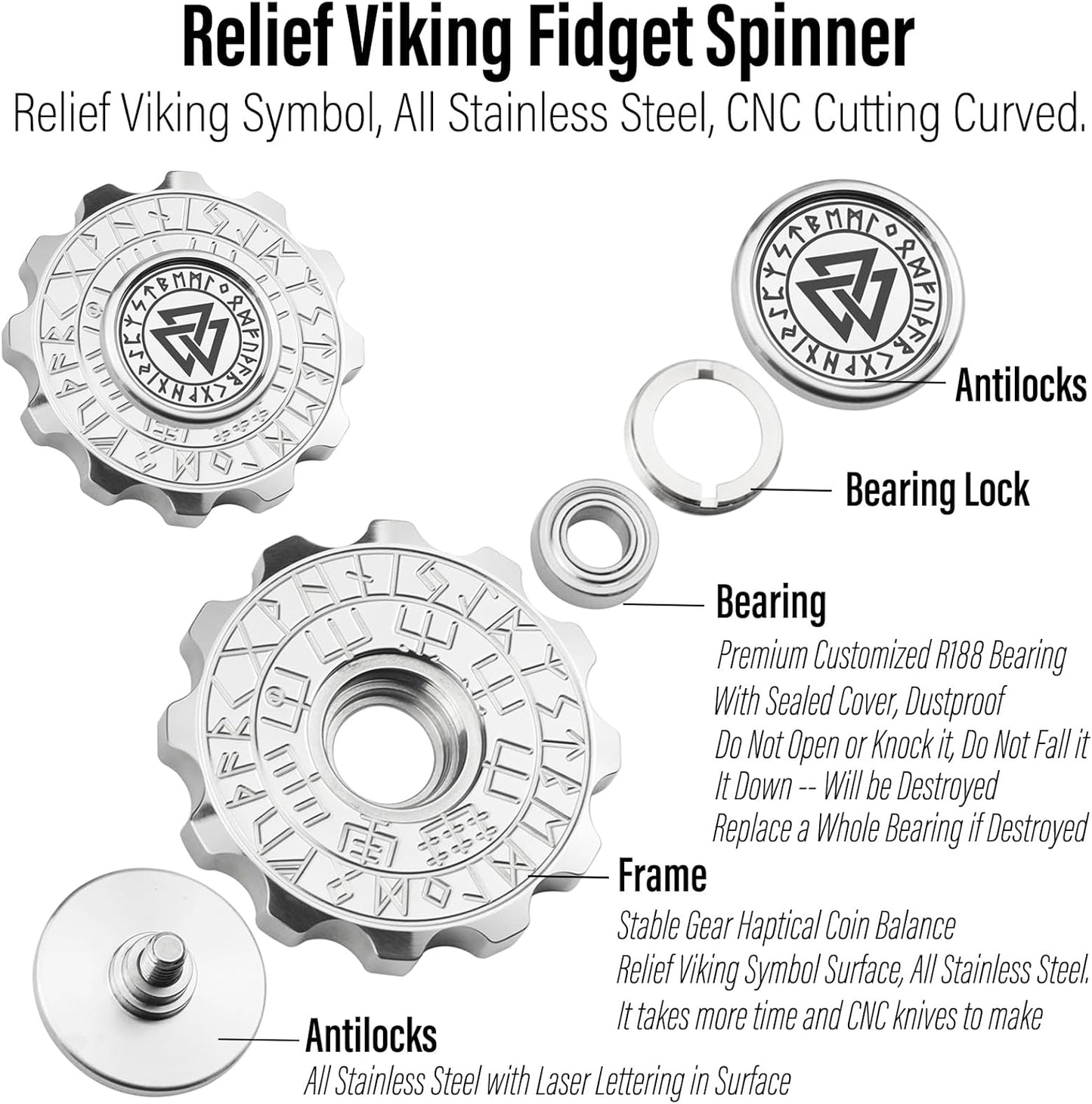 FREELOVE Metal Fidget Spinner, Viking Pirate Haptic Gyro, Heavy Stainless Steel Hand Spinning
