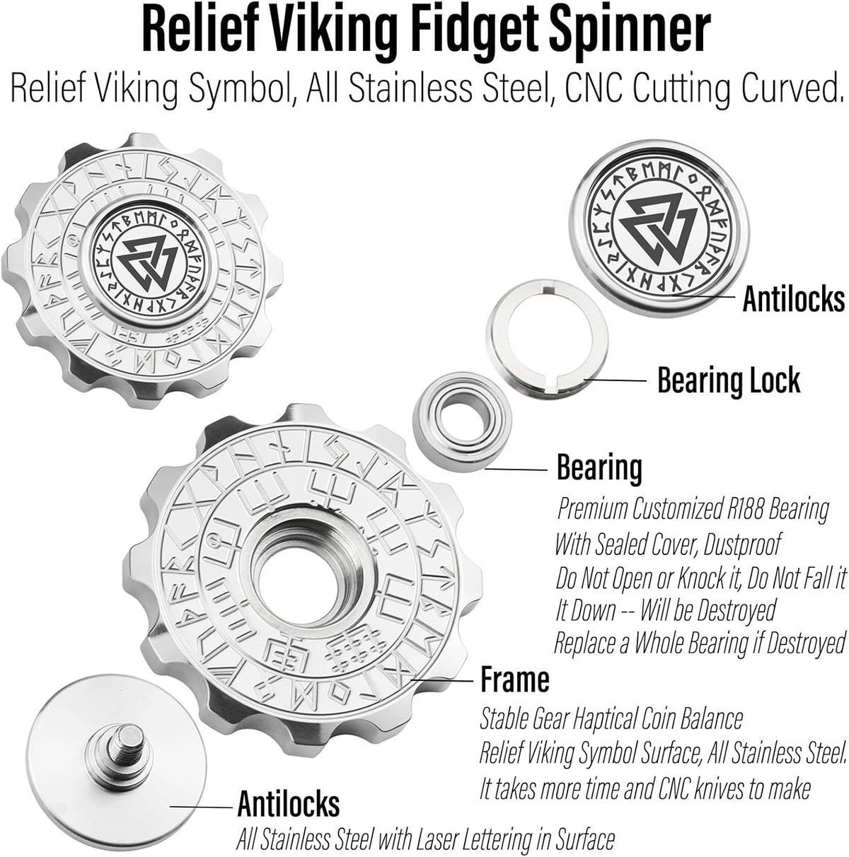 FREELOVE Metal Fidget Spinner, Viking Pirate Haptic Gyro, Heavy Stainless Steel Hand Spinning