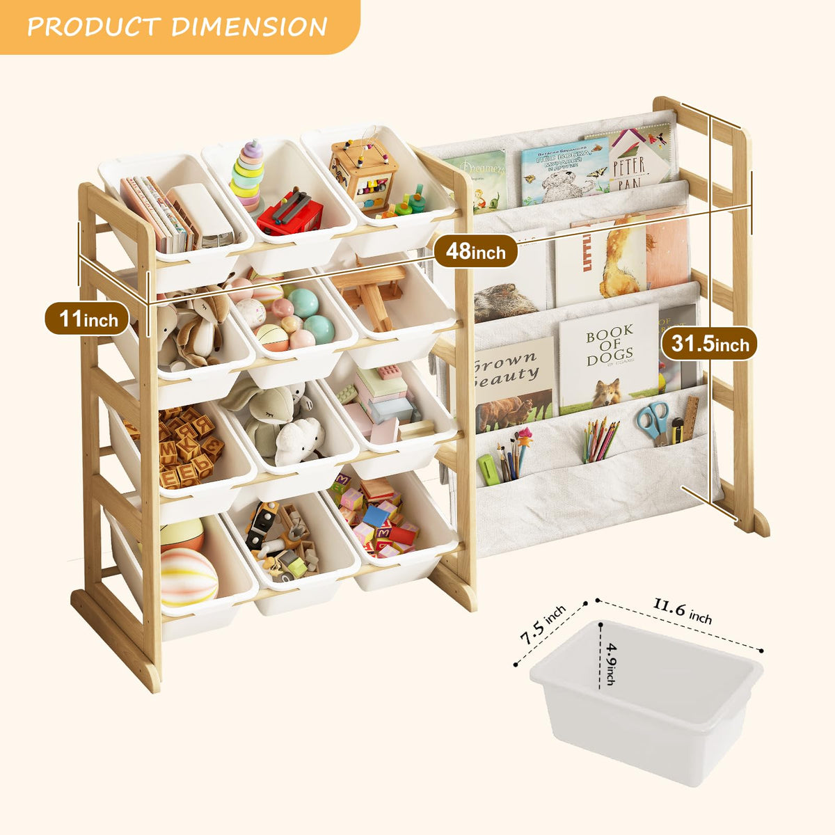 EXPERLAM Toy Storage Organizer with Bookshelf, Kids Toy Organizer and Storage Shelf with 12 White