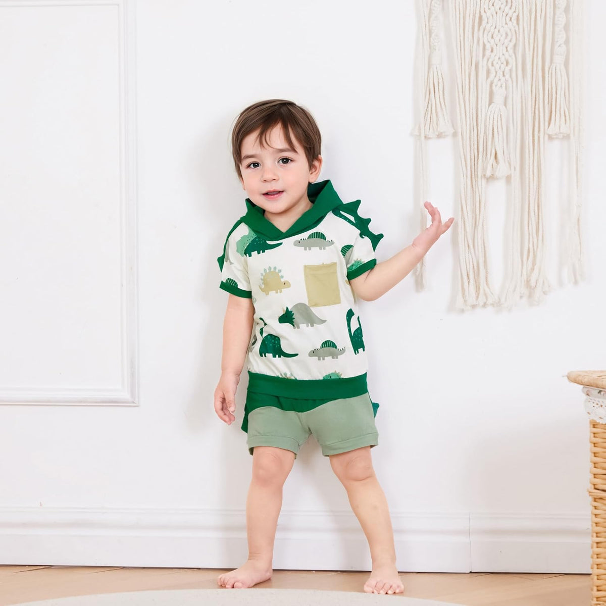 Toddler Baby Boy Summer Hooded Outfit Contrast Color Short Sleeve T Shirt Top Elastic Shorts Summer