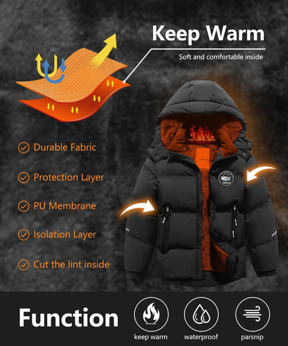 Kids Boy's Winter Coat Fleece Lined Waterproof Jacket Puffy Cotton Coat Thick Hooded Down Outdoor