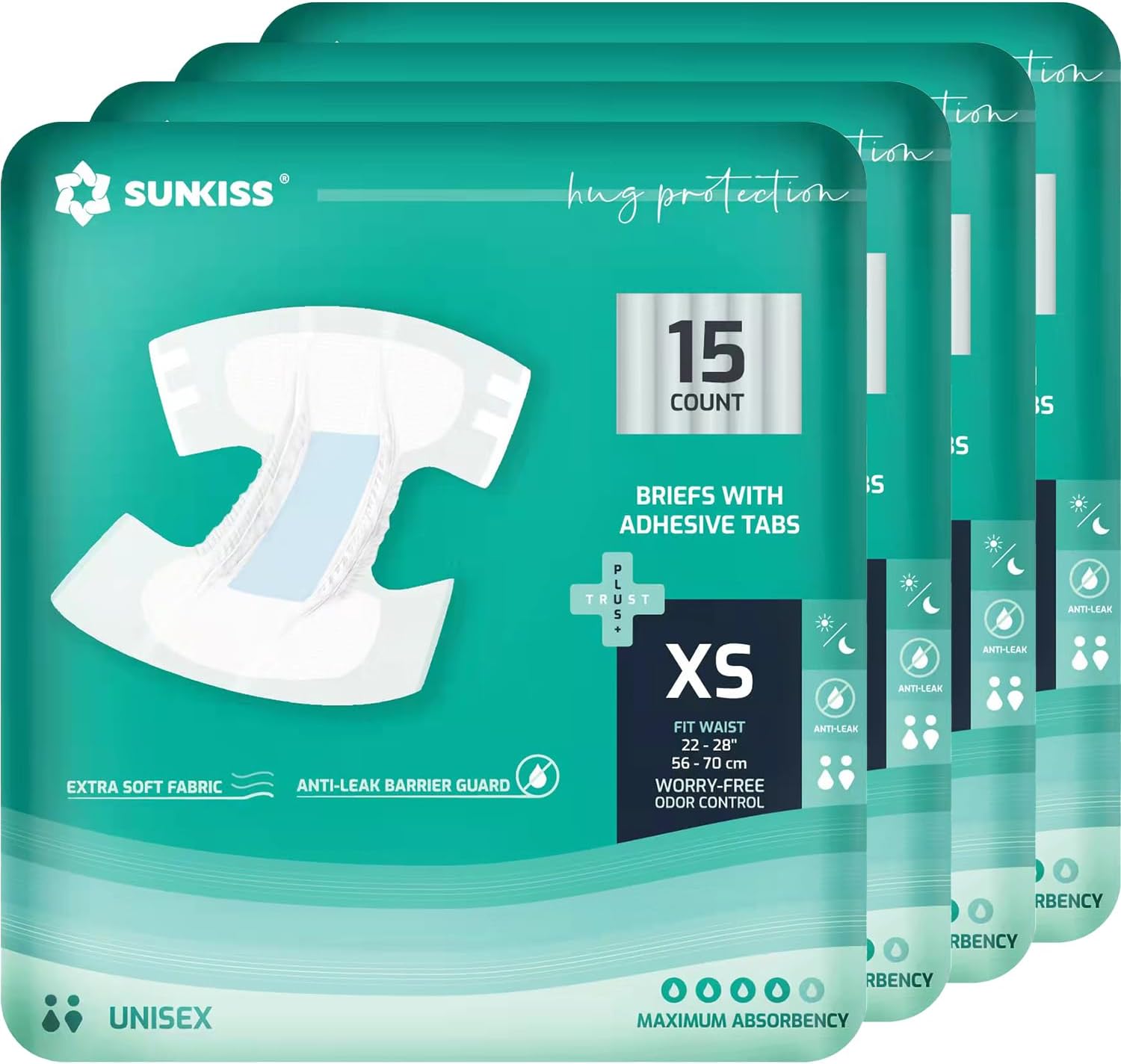 SUNKISS TrustPlus Adult Diapers with Maximum Absorbency, Unisex Disposable Incontinence Briefs with
