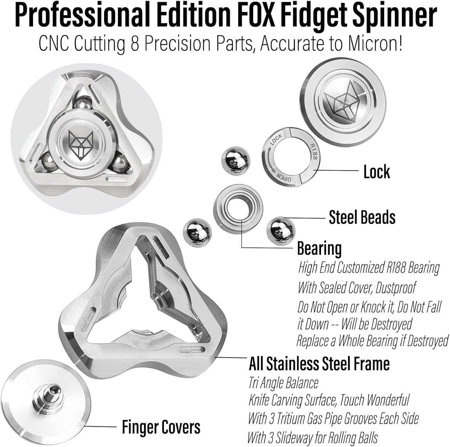 FREELOVE Upgraded Fox Metal Fidget Spinner for Adults, Steel/Glow Balls Clicking Noise, Mini Small