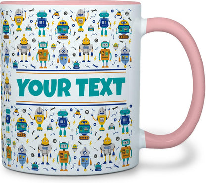Personalized Mug for Kids - Robots - Custom Name/Text, Ceramic Hot Chocolate/Cocoa/Coffee Cup for