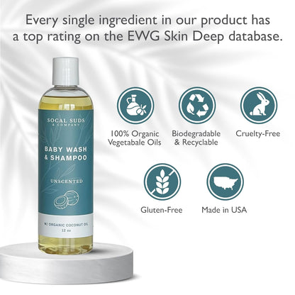 SoCal Suds & Company Baby Shampoo & Body Wash, 2-in-1 Organic Gel - Gentle Castile Soap with