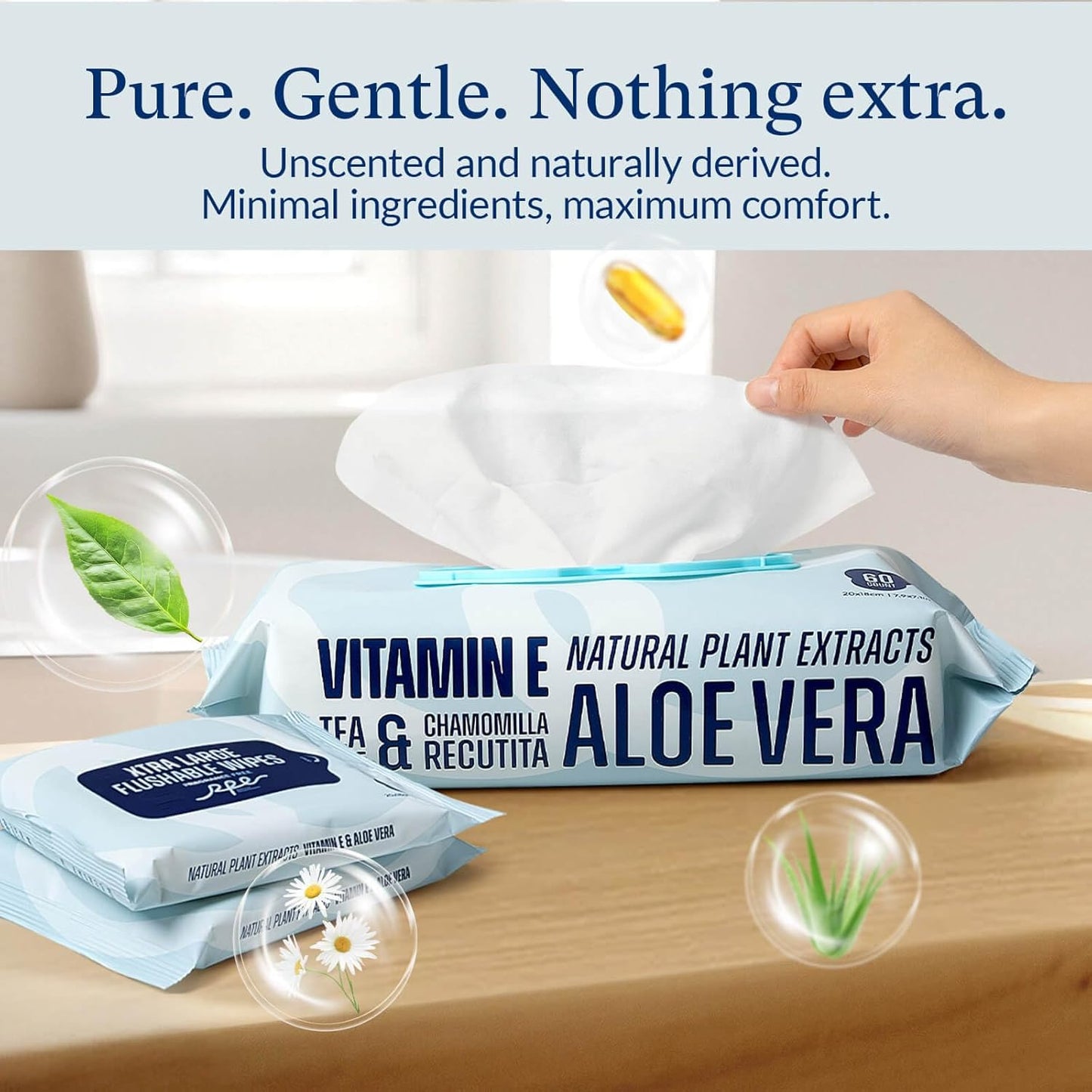 Flushable Wet Wipes - 6 Portable Travel Size Packs (60 Ct) - Unscented Extra-Large Body & Hand