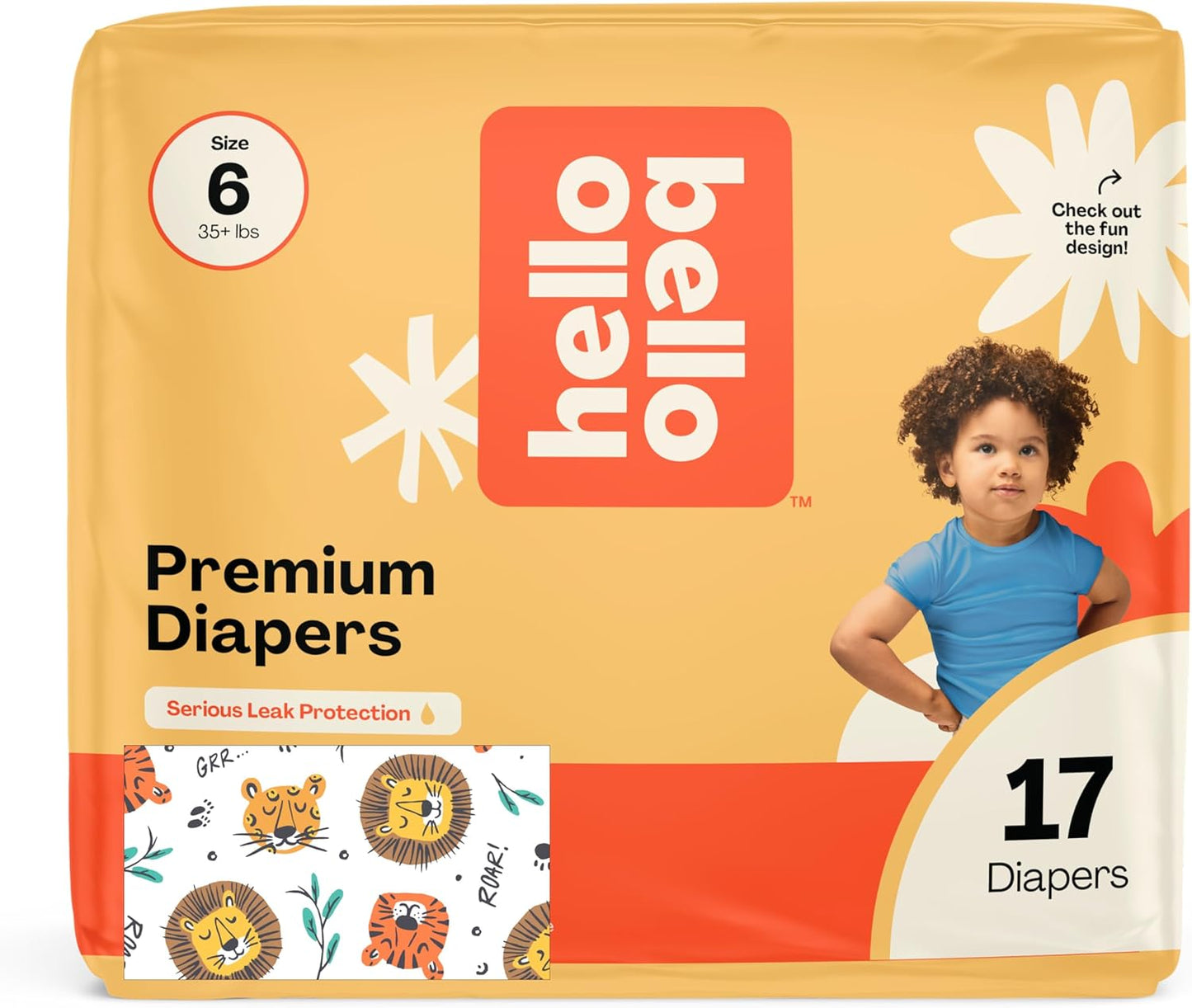 Hello Bello Diapers, Size 6 (35 lbs) Wild Cats, 17 Count of Premium Disposable Baby Diapers