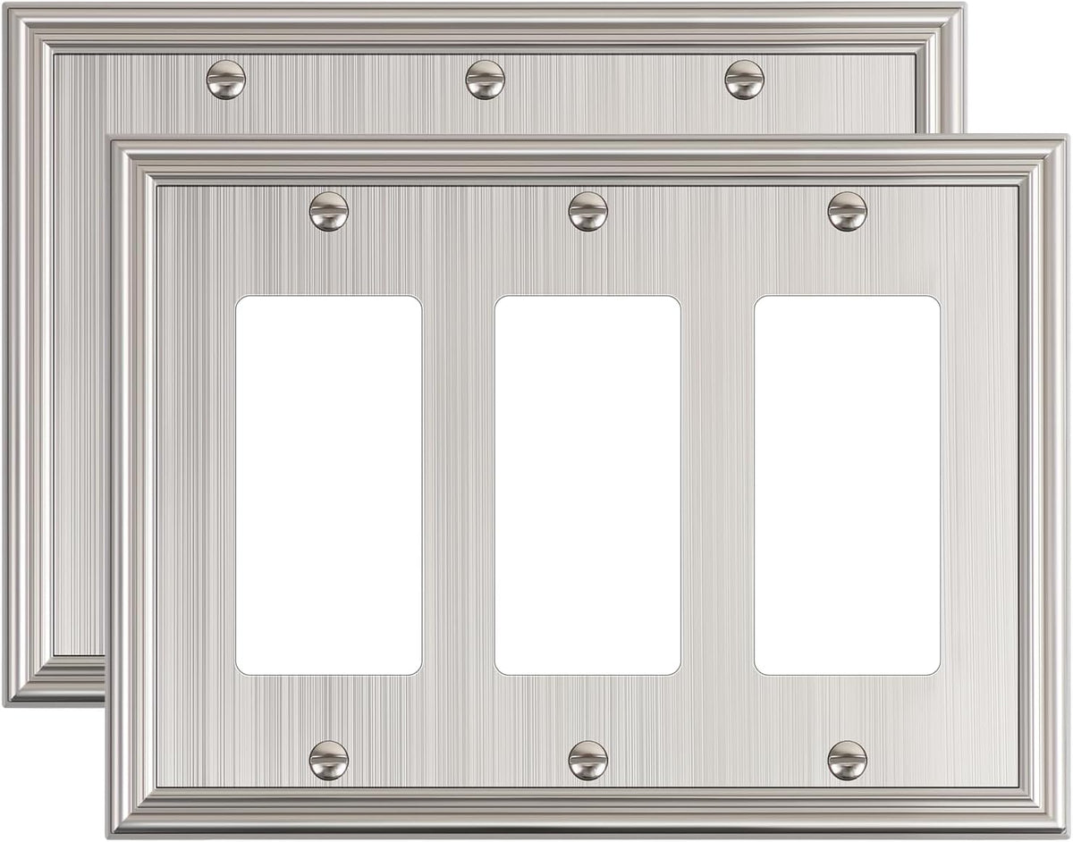 2-Pack Decorative Tripple Decorator Outlet Cover Plate, Durable Zinc Alloy Brushed Nickel Wall