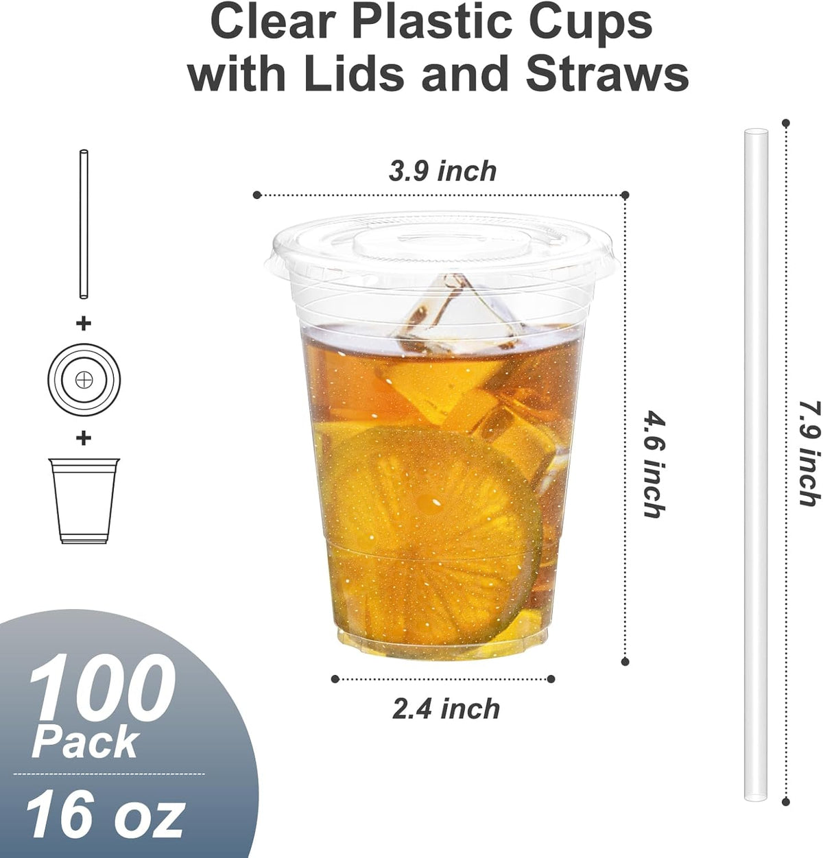 100 Pack - 16 oz Clear Plastic Cups with Lids and Straws, Sturdy & Food Safe Iced Coffee Cups with